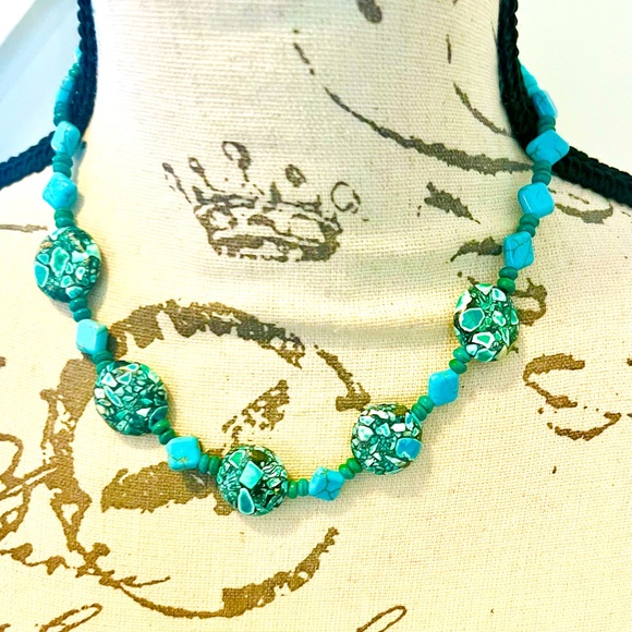 Vintage Boho Mosaic Turquoise Statement Necklace w/ Lobster Clasp 17”, 27 grams - Picture 1 of 12